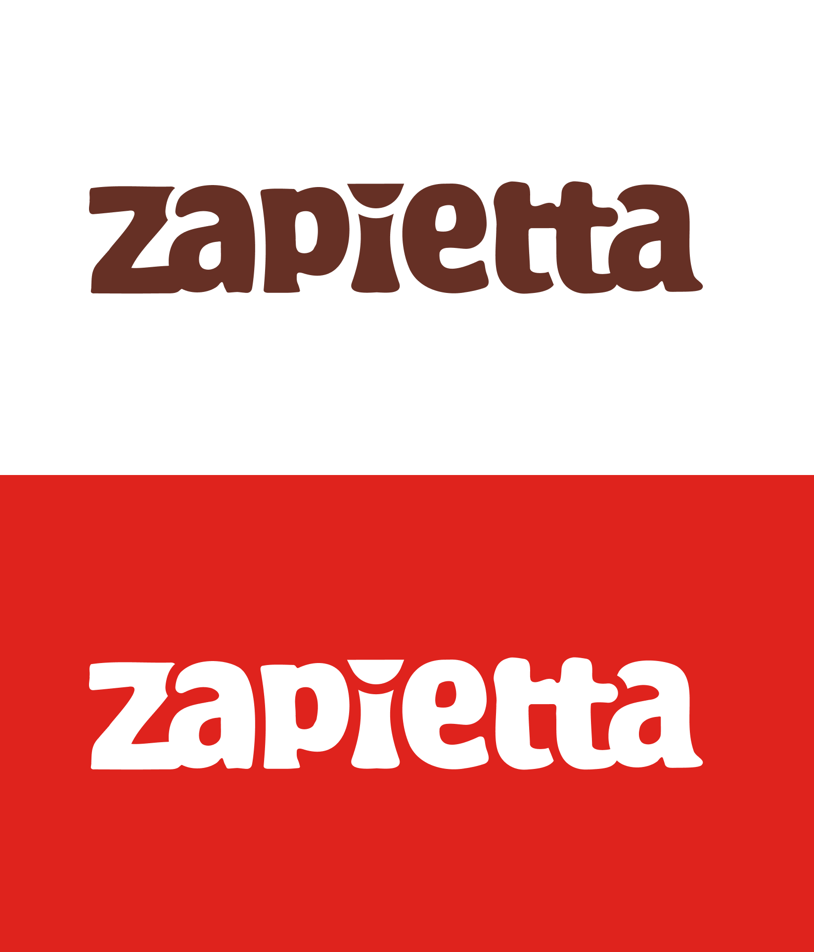 ZAPIETTA — logotyp w wersji podstawowej i w kontrze na czerwieni Pantone 485 C