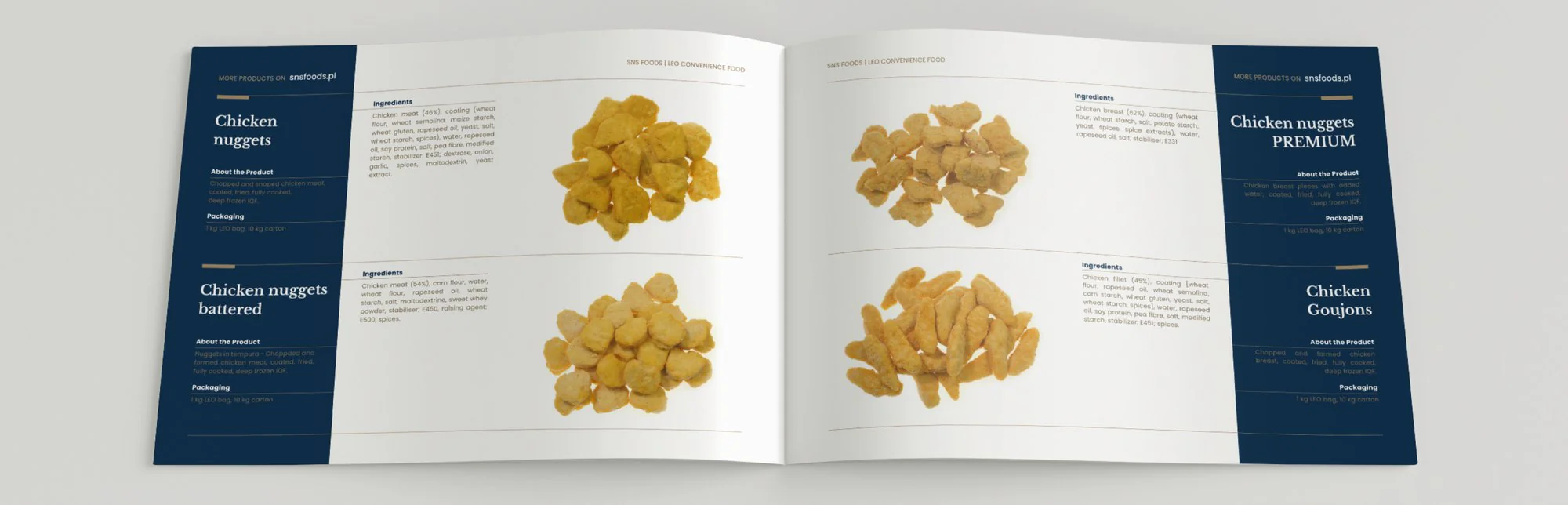 SNS Foods — rozkładówka katalogu z kartami produktowymi